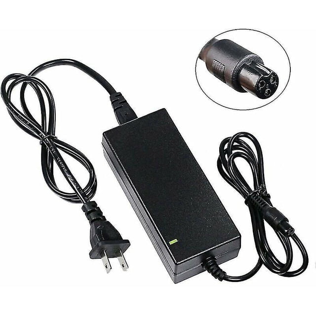 cargador de batería de bicicleta de 36v 42v 2a 42v 1.5a kewity cargador adaptador de corriente para scooter eléctrico bicicleta eléctrica scooter bicicleta de equilibrio — Adaptador rectangular negro KEWITY visto de frente con cable de red de dos clavijas y cable de salida con conector DC 5,5×2,1 mm; pequeña luz LED en la carcasa y textura plástica lisa. Inserto circular muestra detalle del conector hembra de 3 pines. Compatible con baterías de litio 36–42V; verifique voltaje y tamaño del conector antes de comprar. Suele utilizarse para recargar scooters eléctricos y bicicletas de equilibrio.