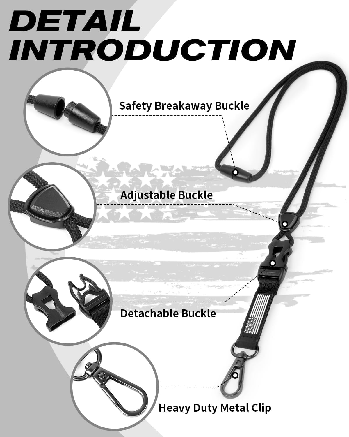 Badge Holder with Heavy Duty Breakaway Lanyard, Carbon Fiber-Texture, Durable ID Card Holder (Holds 6 Cards) with Quick Release Detachable Buckle, Metal Clip, American Flag