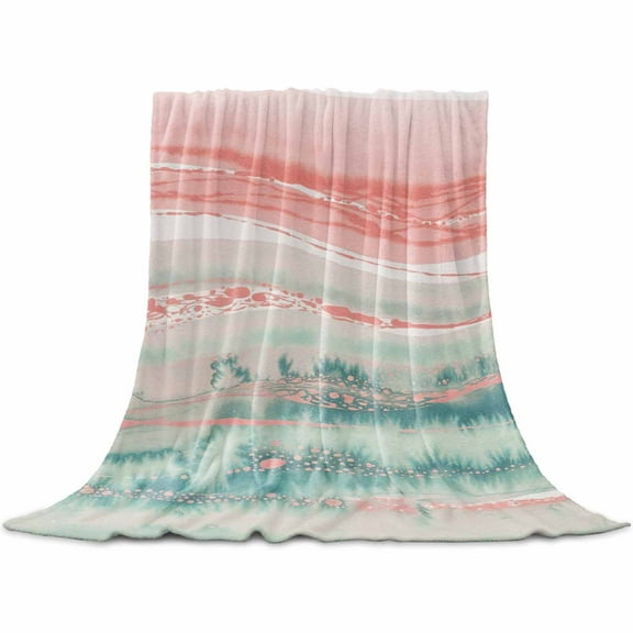 Peach Blue Ombre Flannel Blanket for Bed, Abstract Modern Art Fluid Striped Soft Cozy Warm Couch Throw Blanket, Lightweight Fluffy Plush Bedding Blankets for Sofa Decor All Season 31.5"x47"