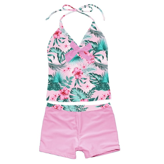 inhzoy Girls Halter Neck Tankini Swimsuit Set Cutout Printed Bikini Top Bottom Swimwear