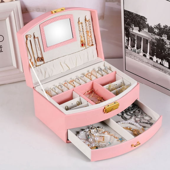 Teqhome Jewelry Organizer Box for Women Girl Wife 2-Layer PU Leather Travel Jewelry Storage Case with for Earrings Bracelets Rings Necklaces (Pink)