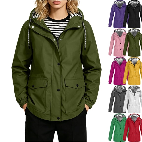 Lenago Womens Hooded Raincoat Lightweight Fit Plus Size Solid Color Waterproof Dressy Zip up Rain Jacket Windbreaker with Pockets