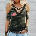 thumbnail image 2 of OAVQHLG3B Summer Tops for Women 4th of July Outfits for Women Patriotic ShirtsWomen V-Neck Short Sleeve Printing Strappy Cold Shoulder T-Shirt Tops Blouses, 2 of 7