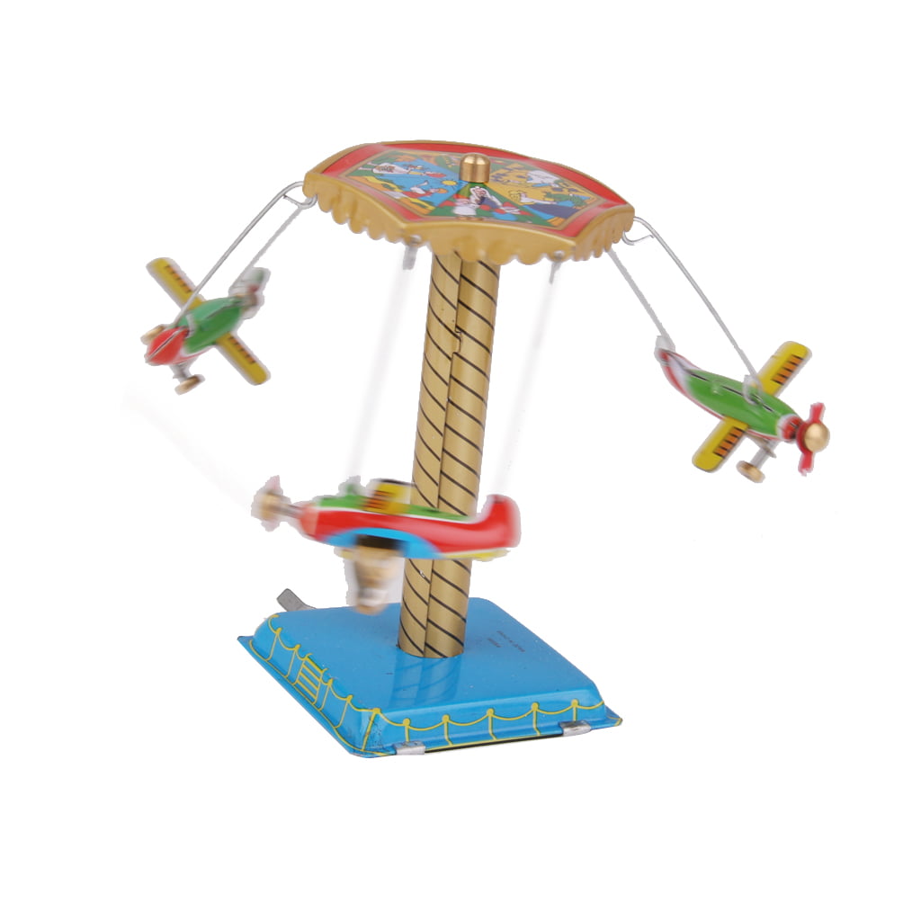 Wind Up Toy Fairground Carousel Airplanes Planes Mechanical Tin Toy Gift US 