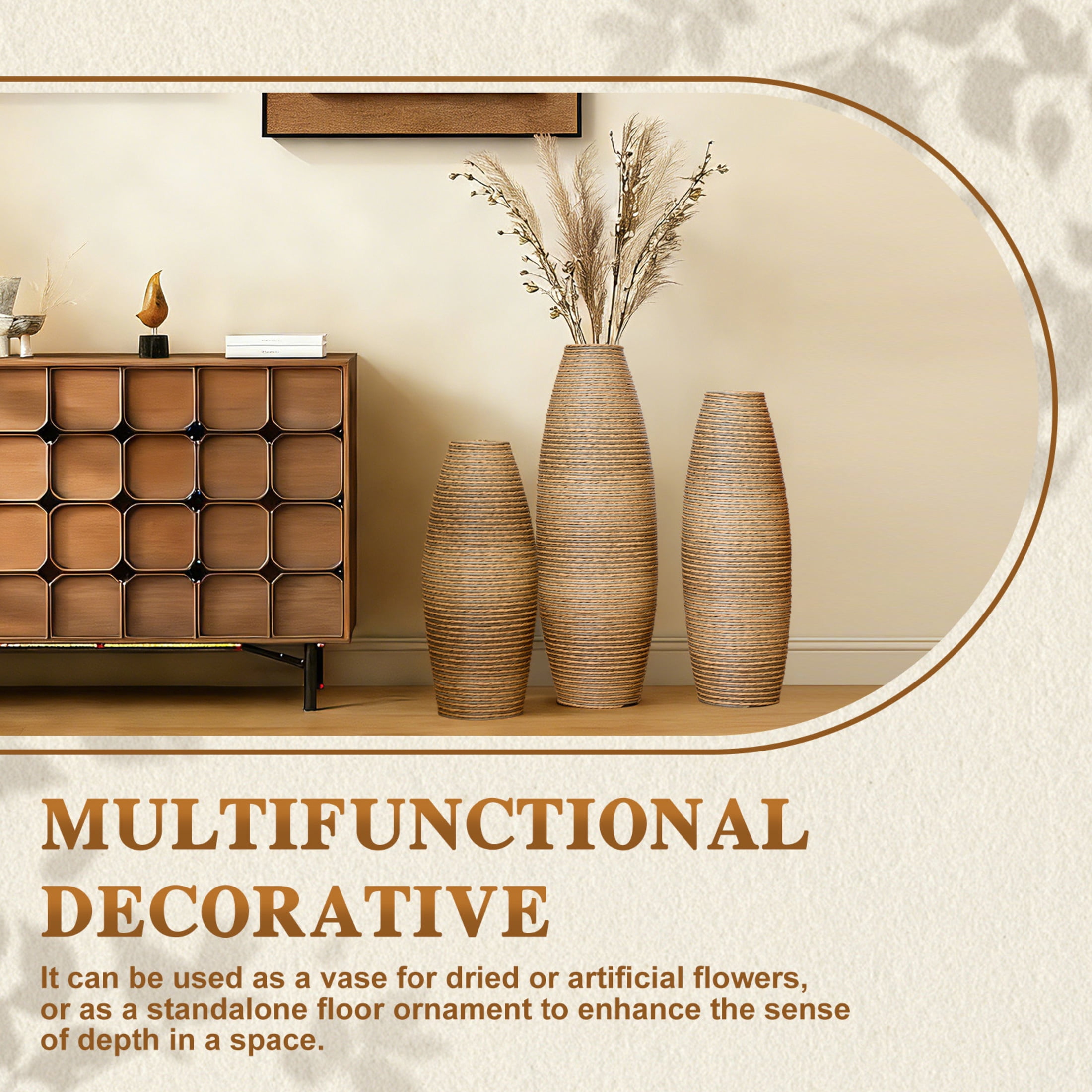 Noble House 19.69", 23.2", 27.56" PVC Floor Vase Set of 3, Handcrafted Rattan-Like, Beige Brown