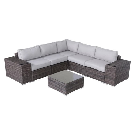 JERFIT 8-Piece Outdoor Patio Furniture Set, All-Weather Wicker Sofa Sectional with Cushions & Glass Coffee Table, Espresso Brown