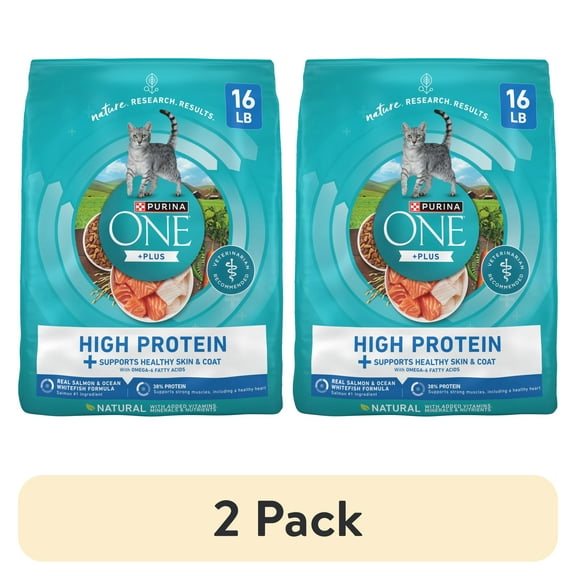 (2 pack) Purina ONE Plus Natural High Protein Dry Cat Food Salmon and Ocean Whitefish Skin and Coat Health Formula, 16 lb Bag