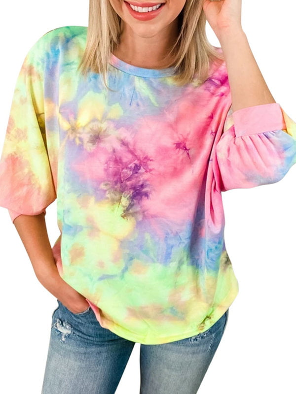 StarVnc Women Tie Dye Shirts Casual Loose Fit Tee Short Sleeves Round Neck Tops 