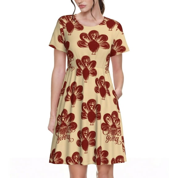 Vsdgher Thanksgiving Sketch Turkey for Womens Summer 2025 Casual Midi Maxi Dresses Lightweight Short Sleeve Round Neck Beach Dress -3X-Large