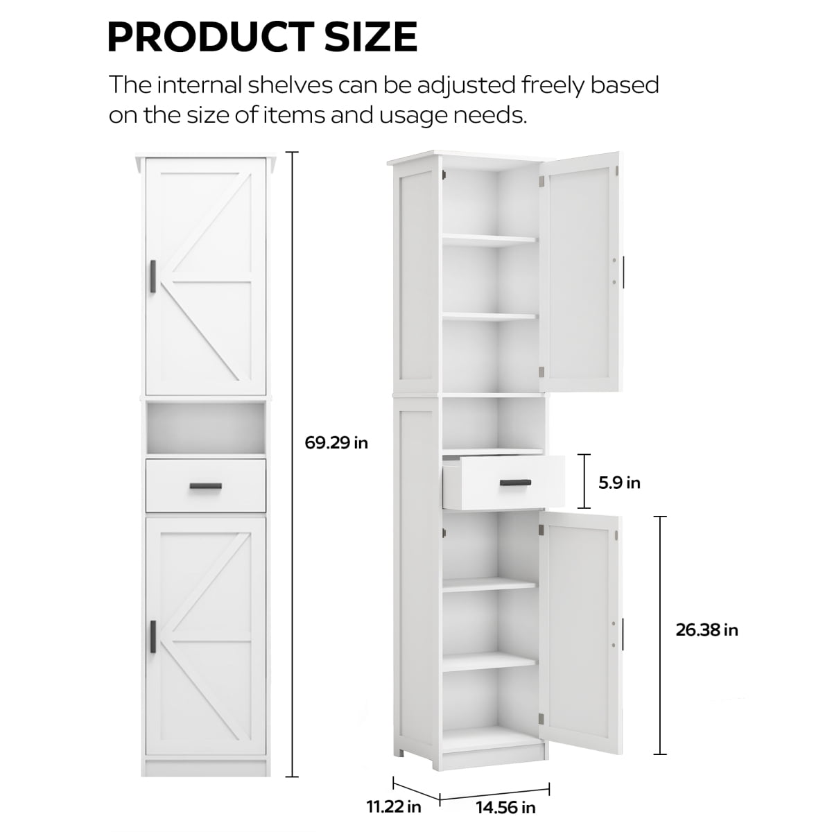 69" H Tall Bathroom Storage Cabinet with 2 Barn Doors and 1 Drawer, Narrow Storage Unit with Adjustable Shelves, Floor Cabinet for Bathroom Living Room Entryway, White