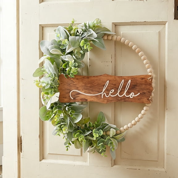 KUNPENG Wooden Bead Wreath Farmhouse Door Staging Decor Sophisticated Hello Sign Accent Elegant Botanical Wreath Premium Seasonal Home Staging Realistic Eucalyptus Design for Entryway 14 Inch