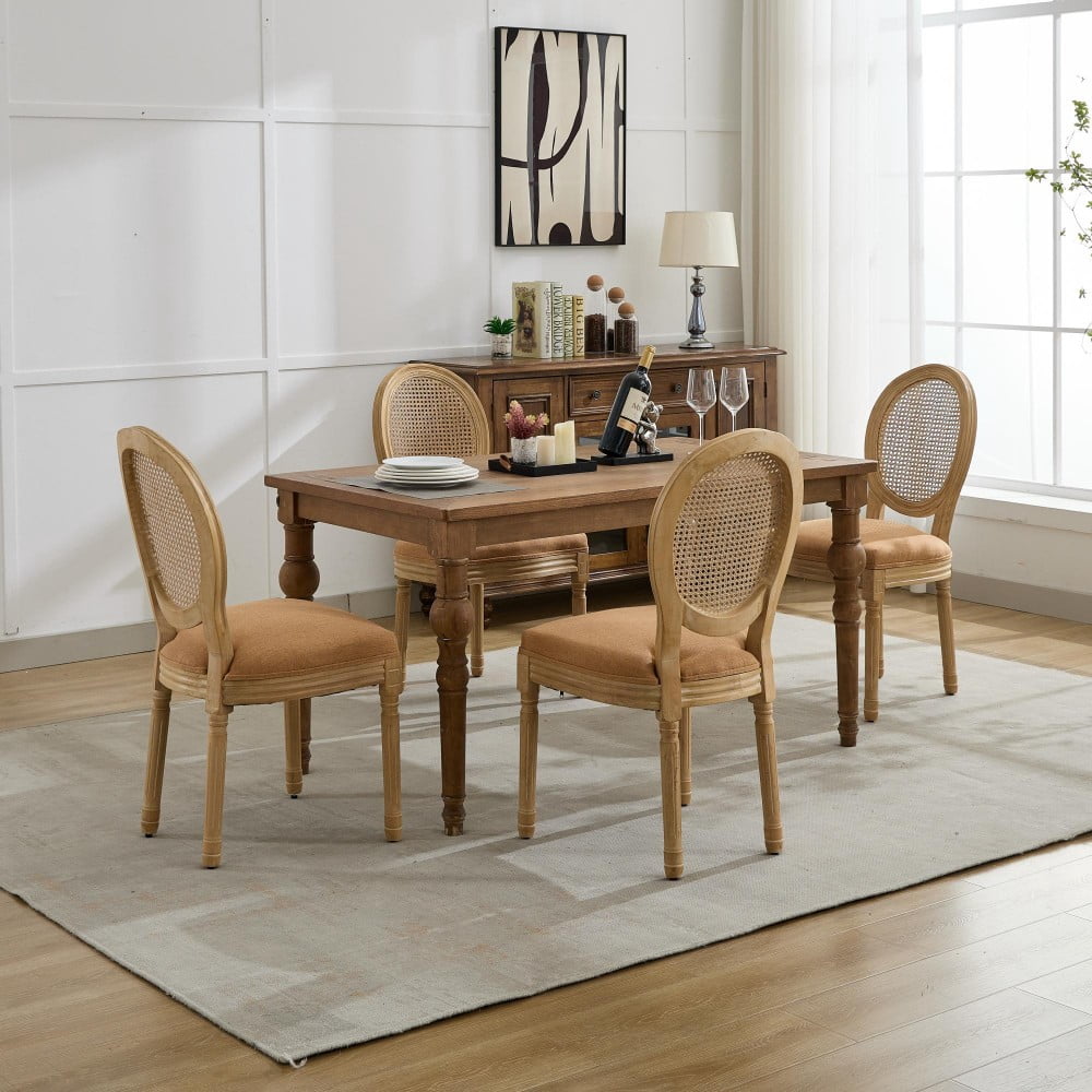 French Style Dining Chairs Set of 2, Solid Wood Upholstered Kitchen Chairs with Rattan Backrest, Linen Fabric, Antique Finish, Tan