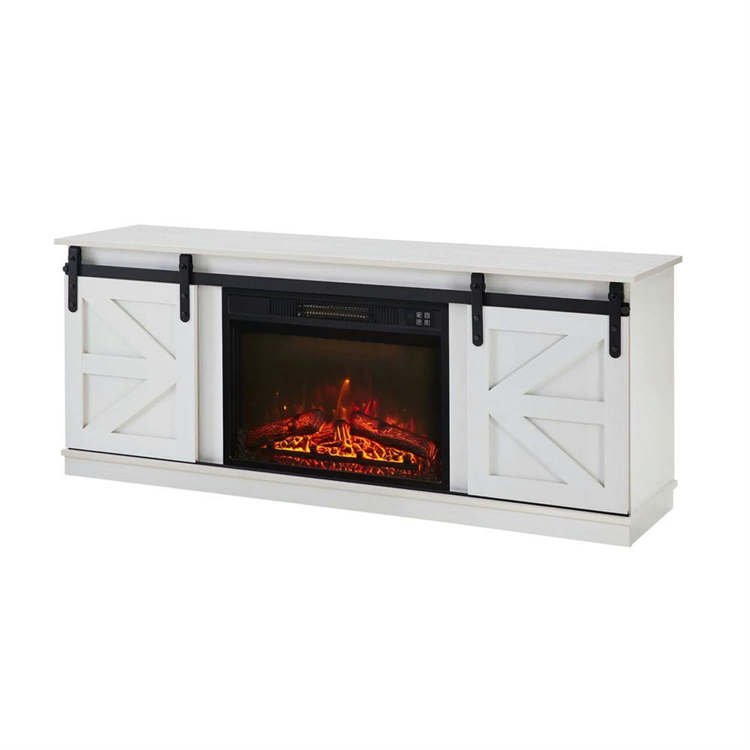 Demi Bonn Modern Fireplace TV Stand for Television up to 65" with Storage and Farmhouse Sliding Barn Doors, Entertainment Center with Cabinet and Shelves, White