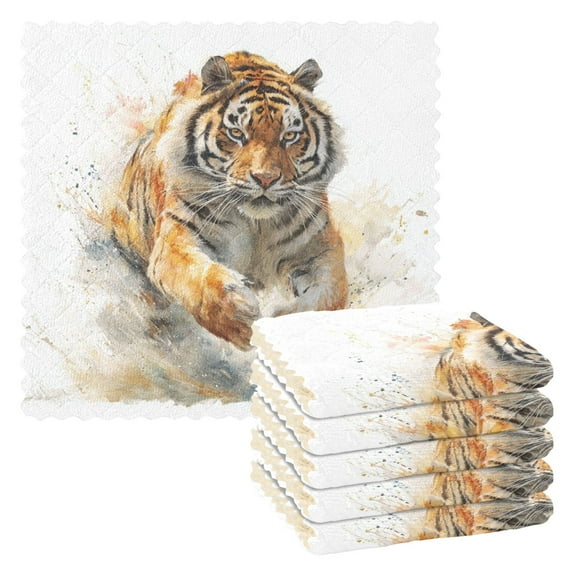 6PCS Dish Towels and Dish Cloths Reuseable Dishcloths Sets for Washing Dishes, Cooking, Baking Size 11" x 11" Tiger in Action