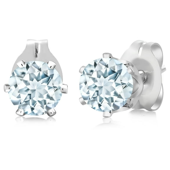 Gem Stone King 0.88 Ct Round Shape Sky Blue Aquamarine Silver Plated Brass Stud Earrings for Women Men
