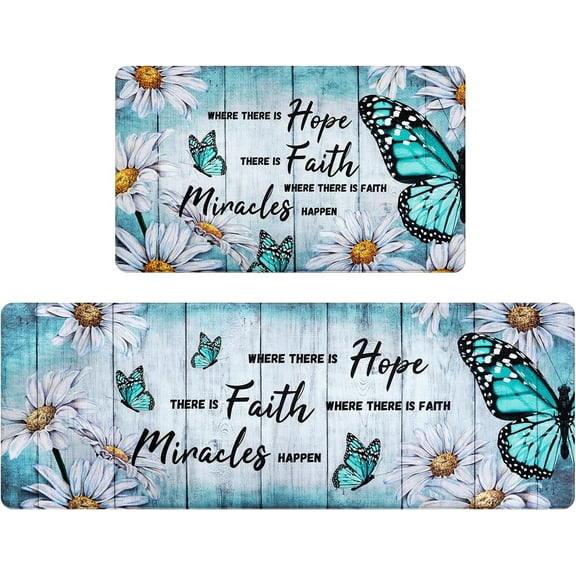 Butterfly Floral Kitchen Rugs 2 Piece Farmhouse Kitchen Mats Cushioned Anti Fatigue, Non Slip Washable Kitchen Mats for Floor White Daisy Kitchen Floor Comfort Mats, 18'''' x 30'''' 18'''' x 48''''