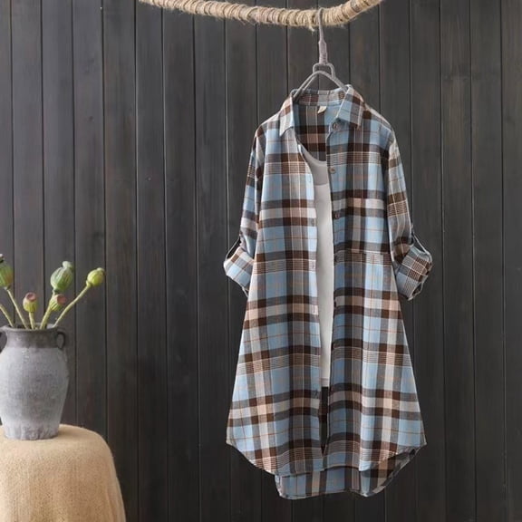 HOWPAY Plaid Shirts for Women Long Sleeve Button down Collared Classic Casual Shackets Stretch Loose Fit Oversized Comfy Fall Clothes Blue L