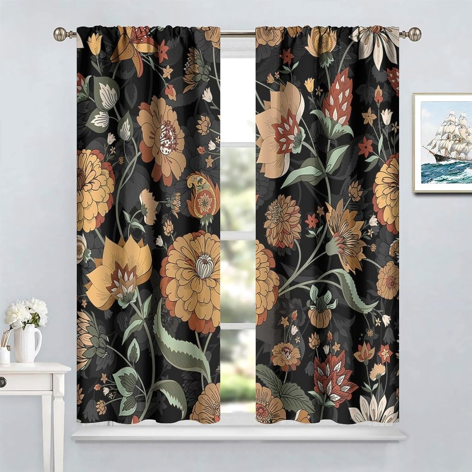 Paisley Print Curtains for Living Room, Boho Vintage Flower Window Treament for Bedroom, Bohemian Native Tribal Floral Print Jacobean Blackout Drapes 2 Panel Sets,42x63 Inch