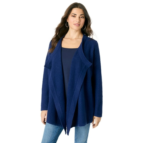 Roaman's Women's Plus Size Handkerchief Hem Pointelle Cardigan Sweater