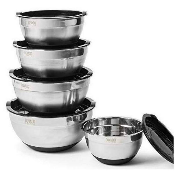 Stainless Steel Mixing Bowls Set of 5 With Black Lids And Non Slip Silicone Base, Leak Proof Lid