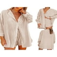 thumbnail image 4 of Women Two-piece Pants Suit  Solid Color Long Sleeve Blouse and Drawstring Elastic Waist Shorts, 4 of 5