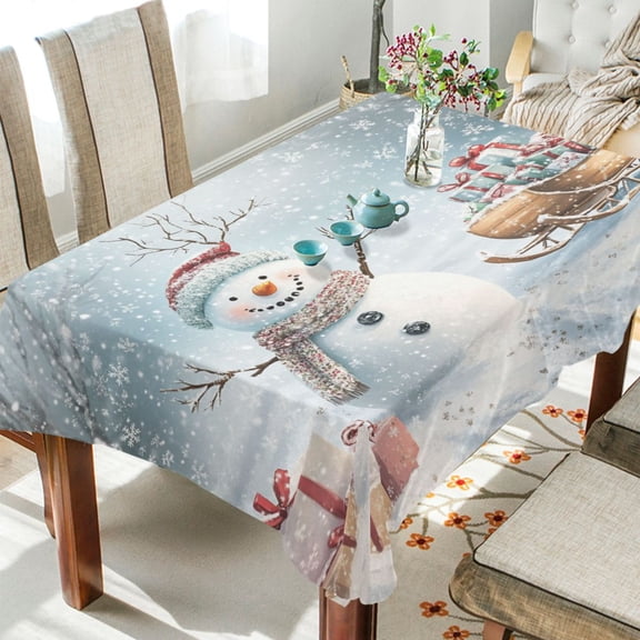 WOBOGO Snowman Next To A Sleigh Full Of Presents Square Tablecloth 54×54in Polyester Fabric Tablecloth Washable Dust Resistant Wrinkle Resistant