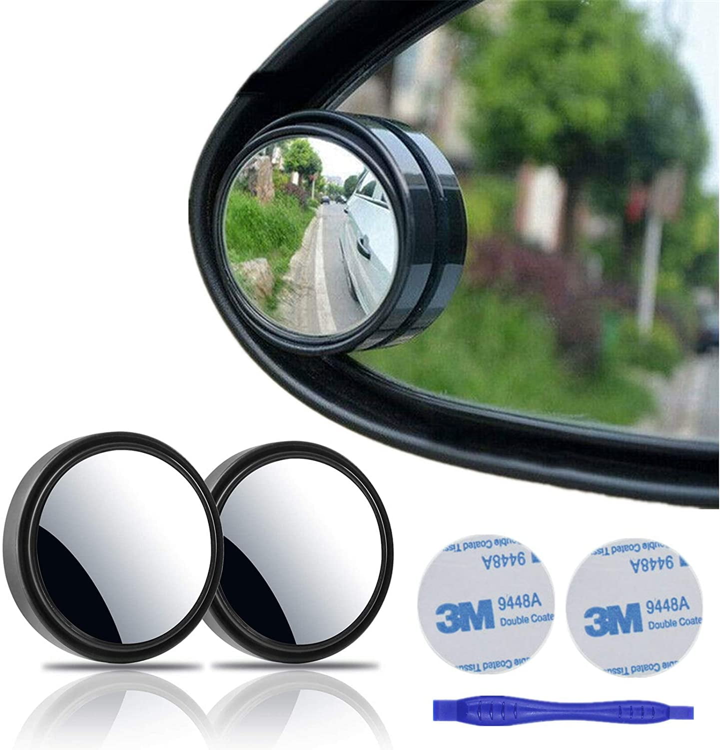 Black 1 Pair Small Round Convex Adjustable 360°Rotate Wide Angle Car Rear View Nirror for All Universal Vehicles Car Fit Stick-on Design KEWAYO 2 Pack Automotive Blind Spot Mirrors 