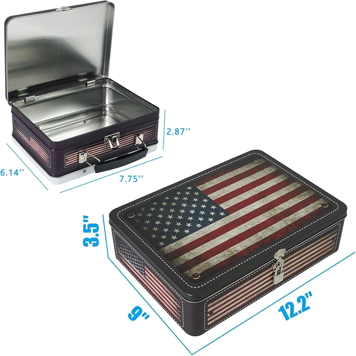 MY Decorative Storage Box, 12''L X 9''W Metal Keepsake Container Case with Lock and Key & Small Handheld Tin Box Home Decoration (Vintage American Flag)