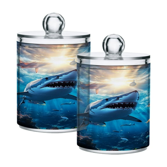 2 Pack Bathroom Canisters Transparent Storage Jar for Cotton Ball, Swab, Floss Shark Swimming in The Ocean