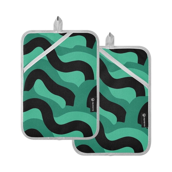 Black and Green Wavy Pattern Potholders Heat Resistant Pot Holder Set of 2 Oven Hot Pads with Pocket