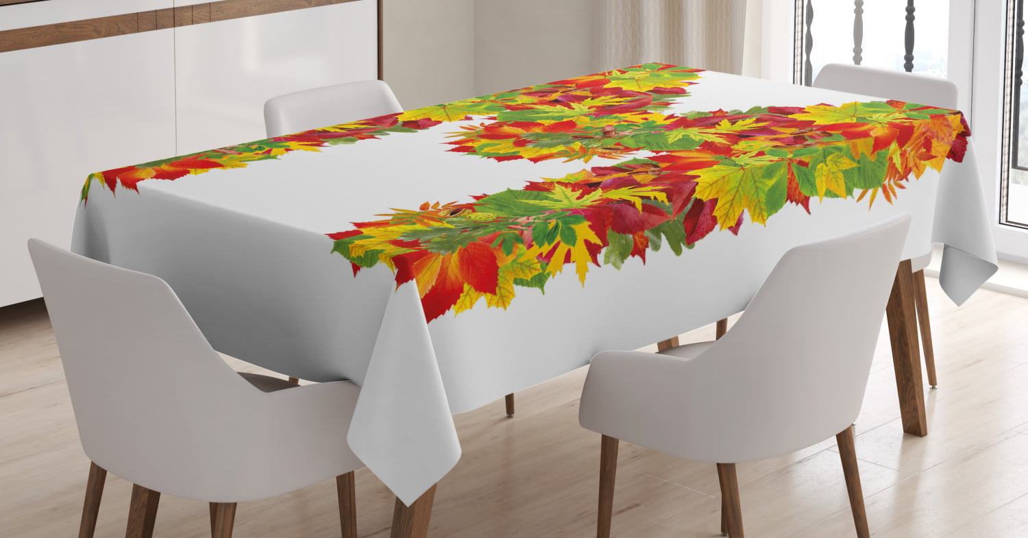 Vermilion Yellow Green Ambesonne Letter M Tablecloth 60 X 90 Rectangular Table Cover for Dining Room Kitchen Decor Fall Season Elements Uppercase M Colored Leaves Acorns Autumn Nature