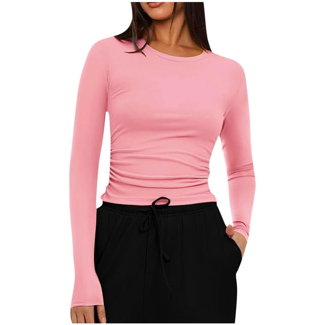 Timegard Hauts pour Femmes, Col Rond, Manches Longues Froncées, T-Shirts Slim, Blouse Décontractée et Confortable