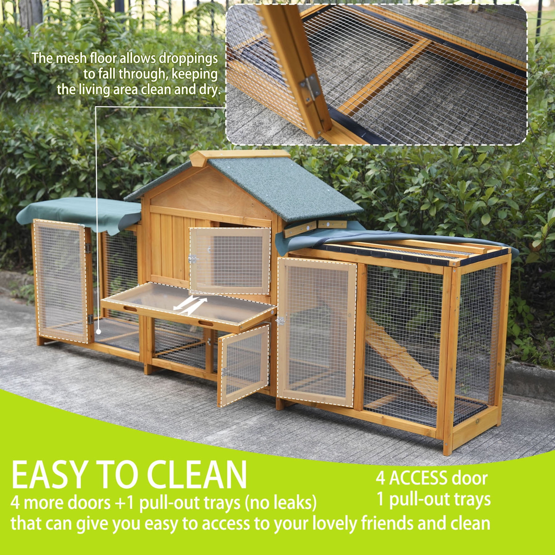 S-HOME 82 Inch Double Layer Dark Yellow Wooden Rabbit Cage, Easy Clean Pull-Out Tray, Weatherproof Design For Small Animals
