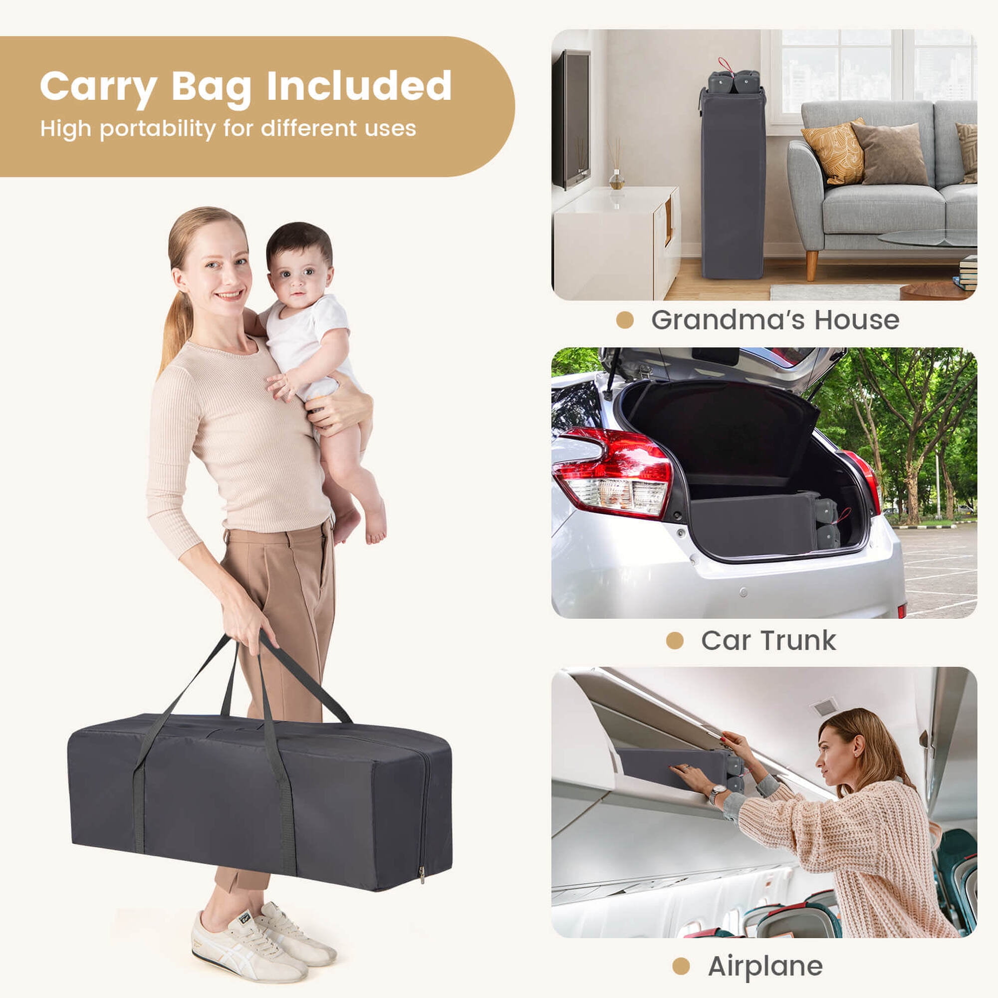 Costway Portable Baby Playard Nursery Center Crib with Hanging Toys & Music Box Gray