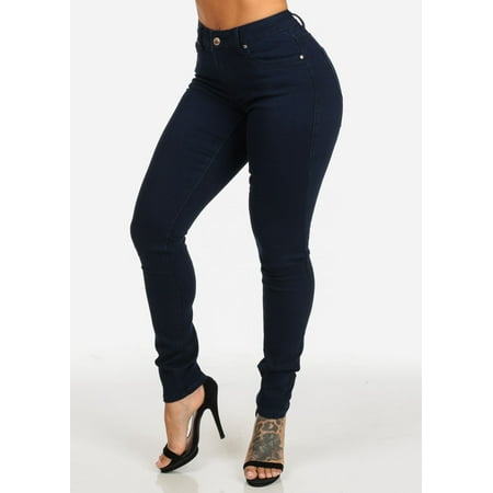 Worn Jeans Button Fly Jeans - Womens Juniors High Rise Dark Wash One Button Stretchy Skinny Denim Jeans 10514G