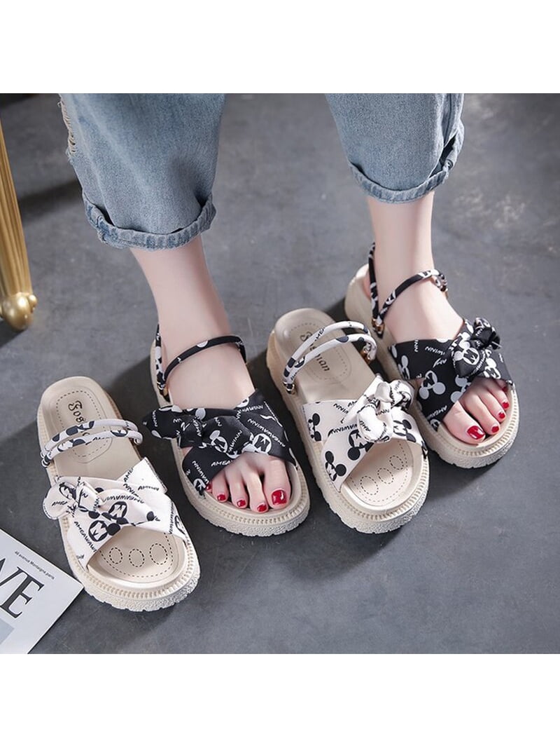 CoCopeaunt Slippers Summer New Thick Bottom Bow Slippers Two Wear One Word Outer Wear Flat Sandals Women - Walmart.com