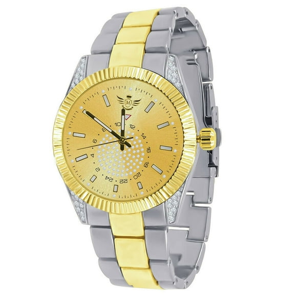 Men's 18K 2 Tone/Gold Dial Gold Over Simulated Diamond Solid Steel Back Presidential Watch 40mm