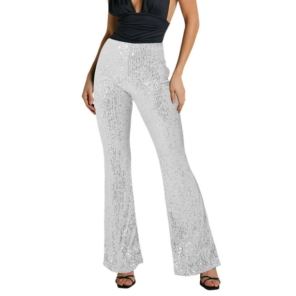 Gibobby Pantalones deportivos térmicos para mujer Pantalones de lentejuelas para mujer Lentejuelas Talle Pierna ancha Pantalones Pantalones Ropa de club nocturno(Blanco,G)
