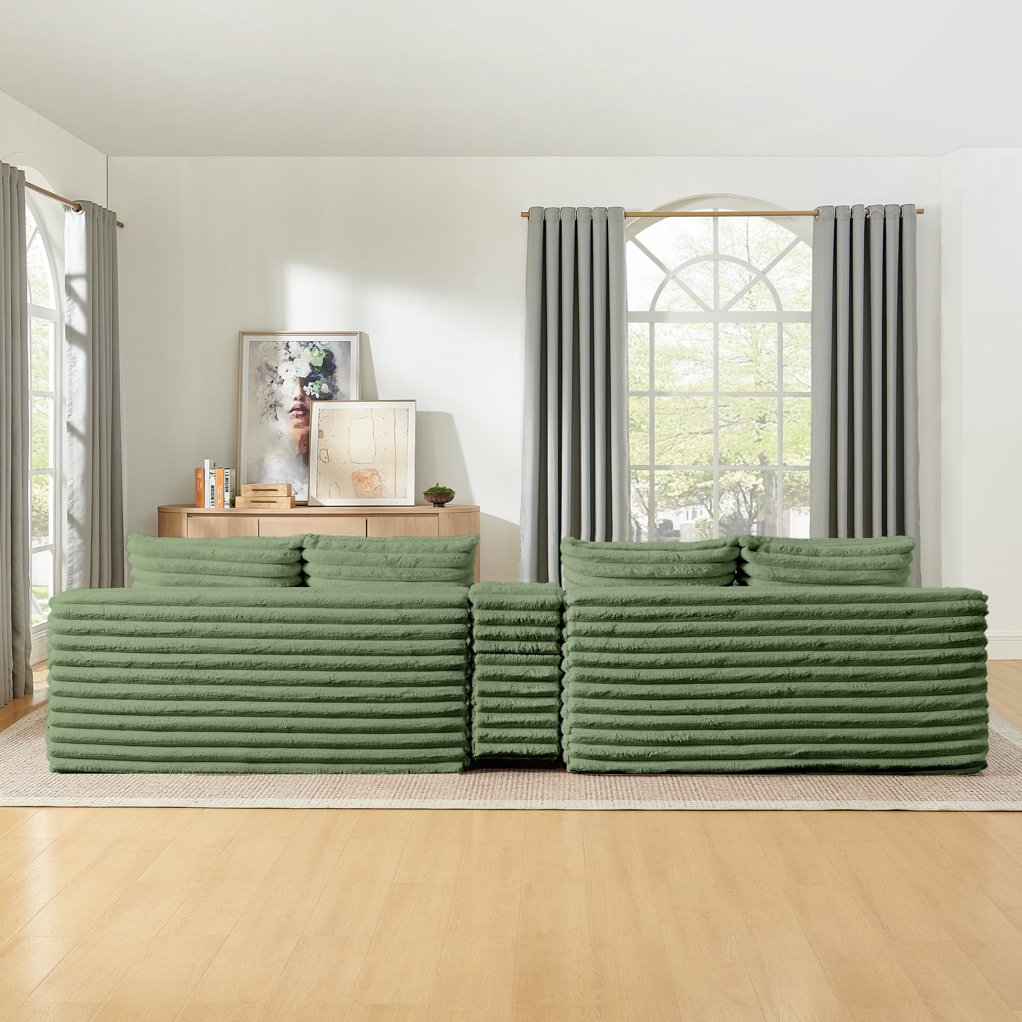 BSHTI 127" Corduroy U Shape Sectional Sofa with Console, Cup Holders, USB Port, 2 Ottomans for Living Room（Green）