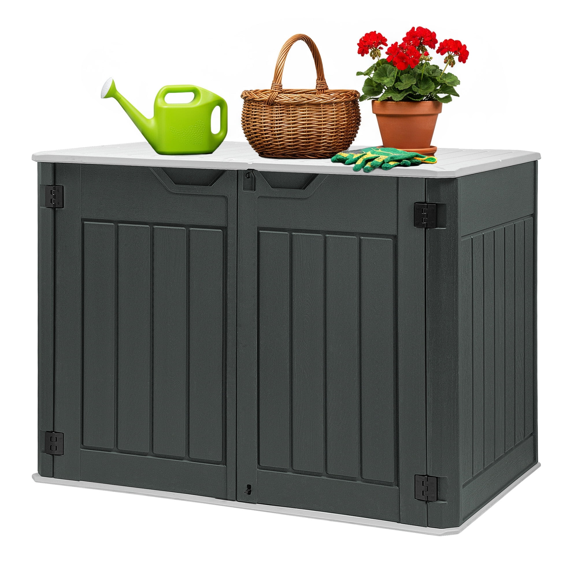 Uforic Large Outdoor Storage Shed, 47 Cu Ft Resin Tool Shed Without Shelves, Waterproof Outdoor Storage with Built-In Floor for Trash Cans, Garden Tools and Lawn Mowers, Lockable Design, Dark Gray