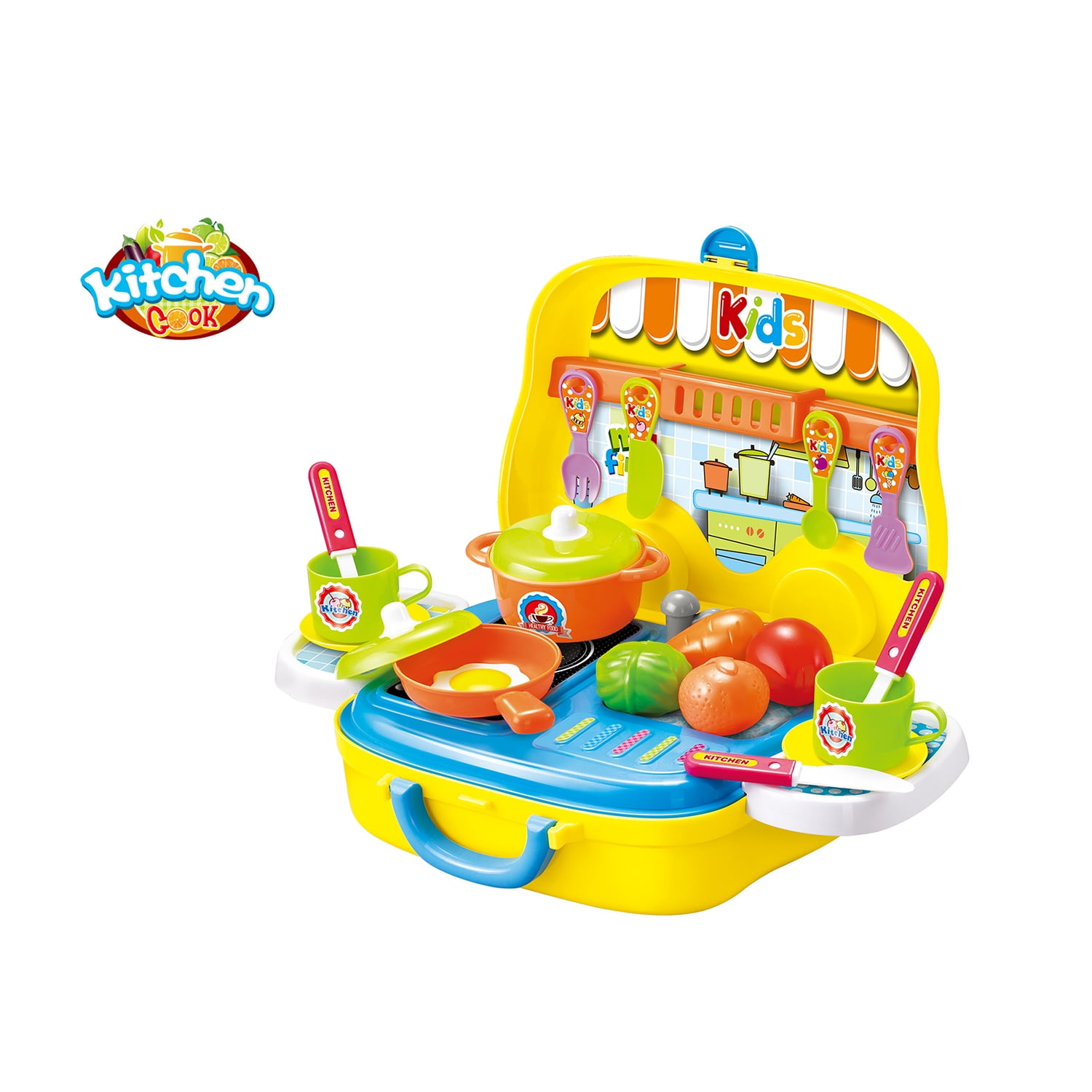 Portable Kitchen Playset 24pcs, Pretend Play Kitchen Toy Kit Cookware Utensil Toys, Chef Role