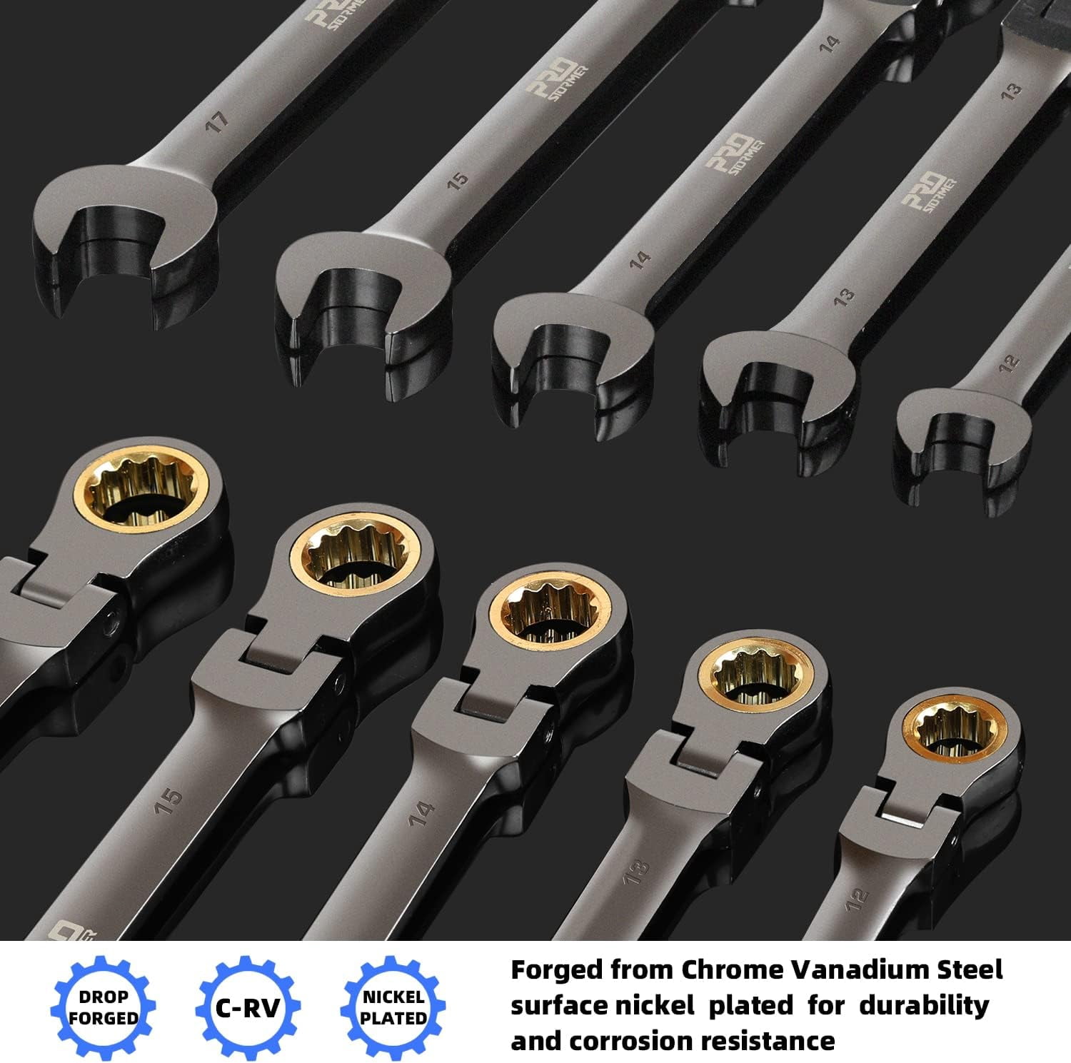 9-Piece Metric Flex-Head Ratchet Wrench Set, Cr-V Constructed with Black Nickel Plating, 8-17mm Swivel Head Ratcheting Combination Wrench Kit with Rolling Pouch