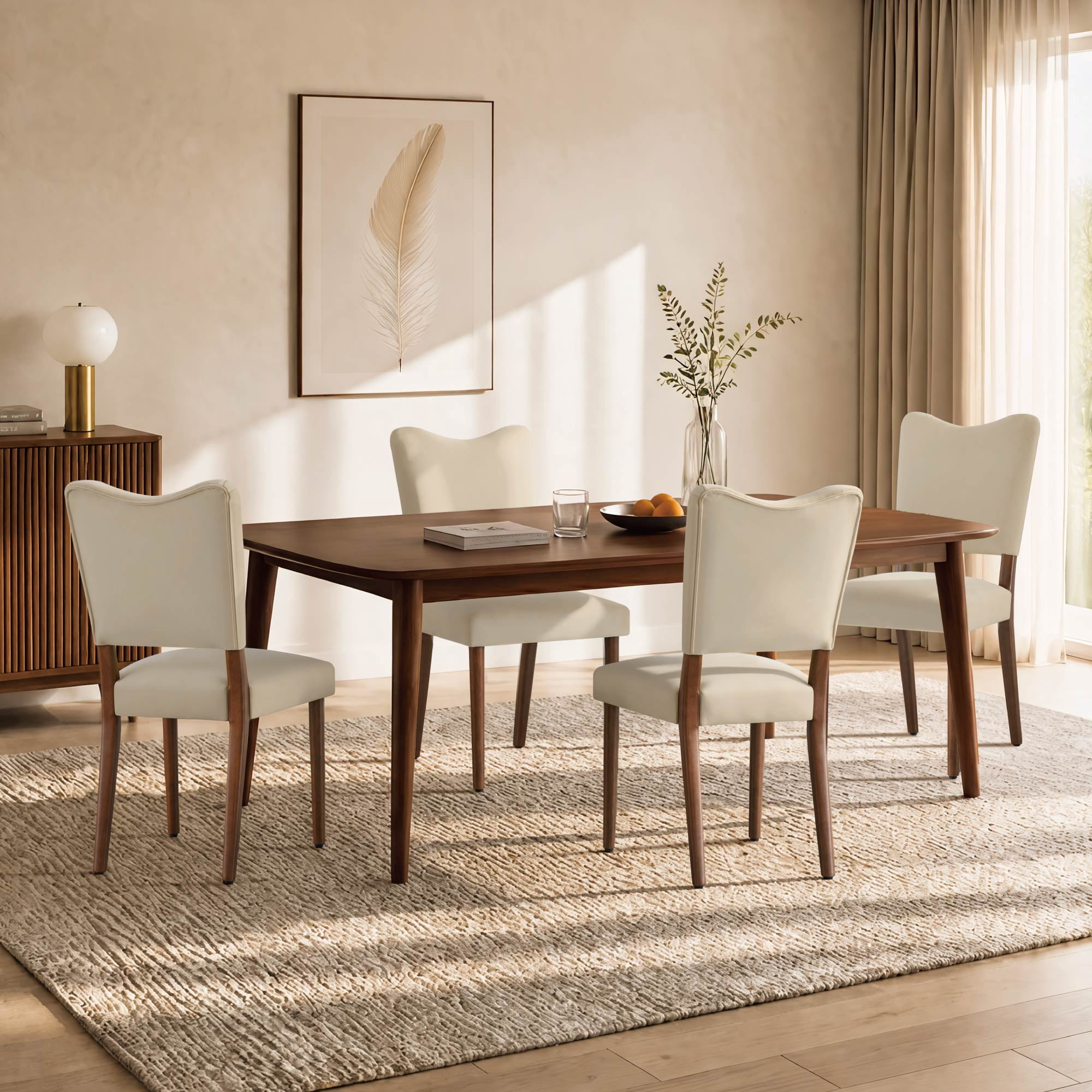 Spruce & Spring Velvet Dining Chair with Curved Back, Upholstered Side Chair with Solid Wood Legs for Dining Room Living Room, Walnut Finish,  Set of 2, Linen