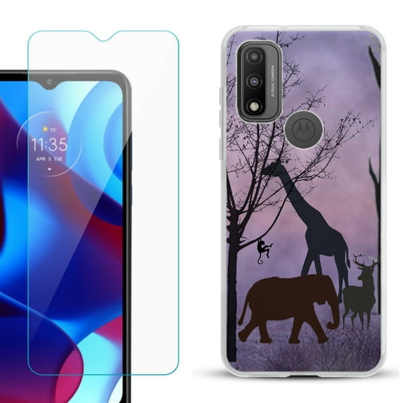 Slim-Fit Gel TPU Phone Case for Motorola Moto G Pure, with Tempered Glass Screen Protector, by OneToughShield ® - Twilight Safari