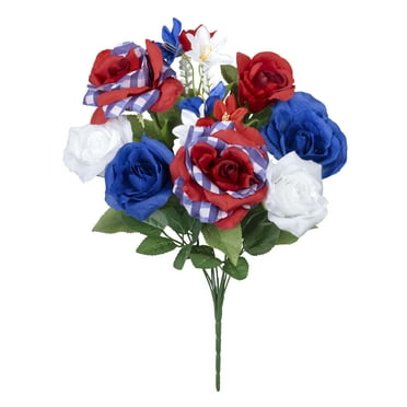 18-inch Artificial Silk Red, White & Blue Mixed Roses Summer Bush, for Indoor Use, by Mainstays