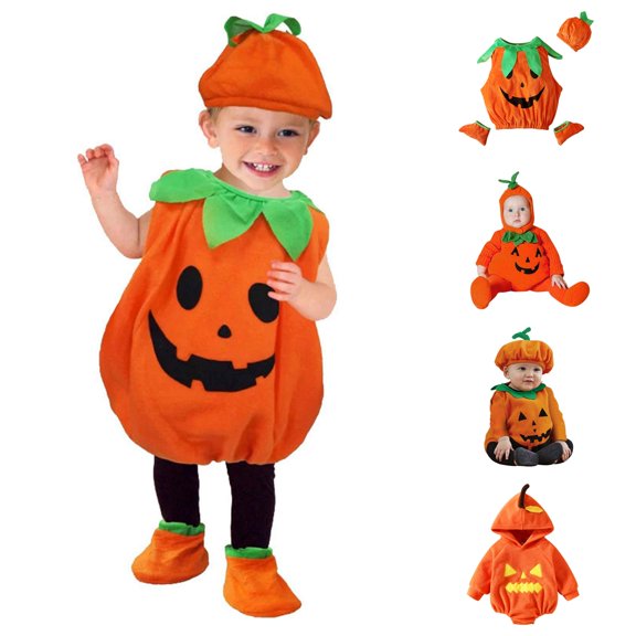 Bigetiay Toddler Halloween Pumpkin Outfits, Halloween Outfits for Boys Girls Cute Hooded Romper Jumpsuit Set Toddler Halloween Outfit, Size 3-4 Years
