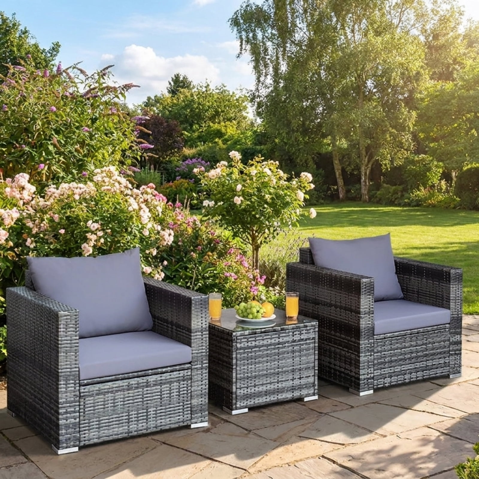 Biotree 3 Piece Patio Rattan Bistro Sofa Set outdoor conversation set with cushions and tempered glass coffee table for balcony garden and porch, Gray
