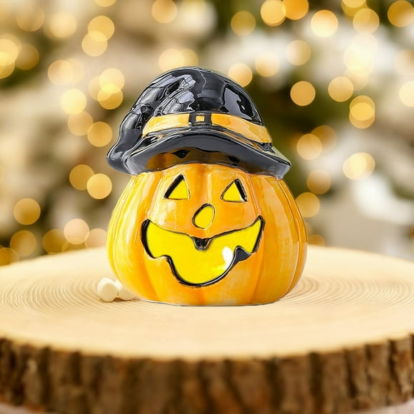 Decoraciones de Halloween, Adornos de Halloween, Creaciones de Halloween: Calabaza de cerámica con luz nocturna, diseño hueco y brillante, luz LED suave para crear ambiente festivo.