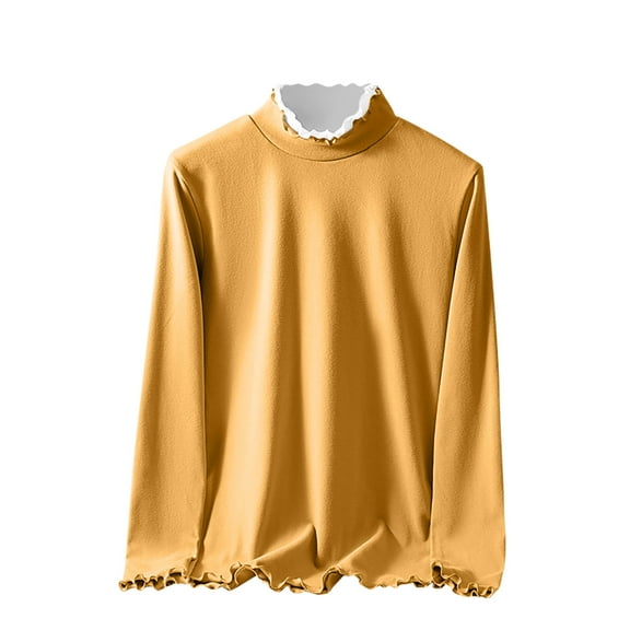 Ltctricy Women's Thermal Shirts Fall Winter Long Sleeve Mock Neck Ruffle Trim Fleece Warm T Shirts Base Layer Tops(Yellow,X-Large)