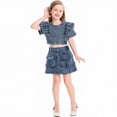 thumbnail image 2 of Rggeeun Toddler Girls Outfit Sets 2 Piece Solid Color Ruffled Short Sleeve Crew Neck Top & Denim Elastic High Waist Shorts & Layered Ruffle Trim Slim Fit For Everyday Use Casual Suit,Blue,5-6 Years, 2 of 6